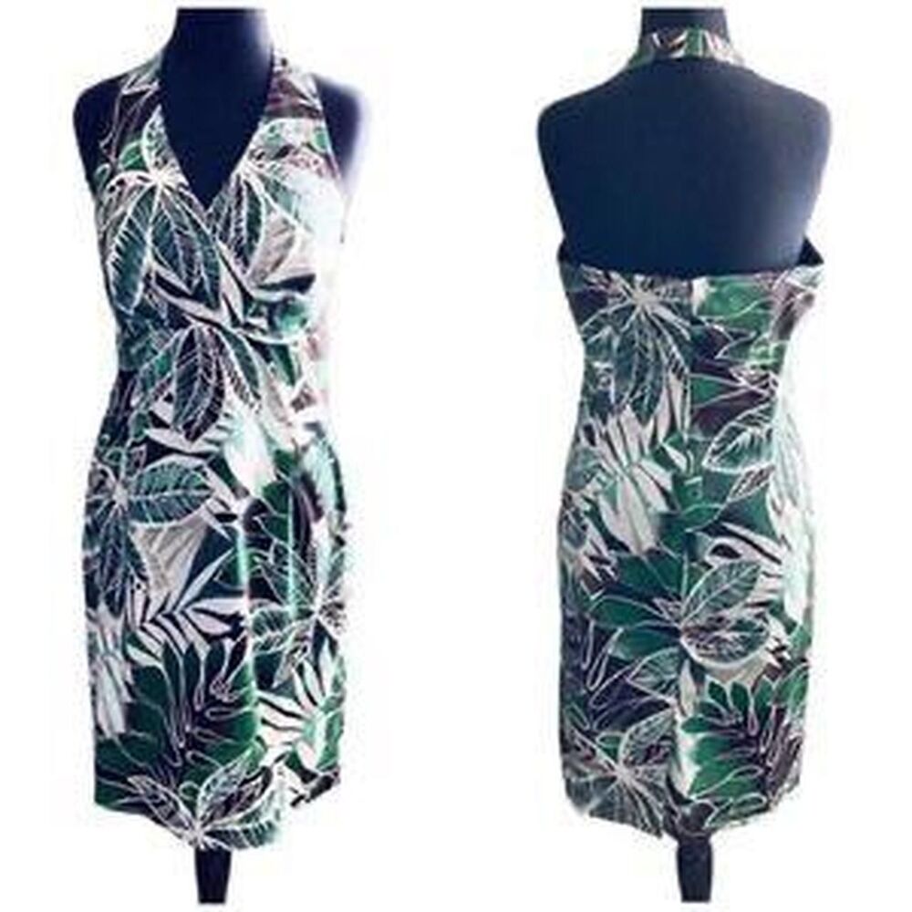 Tropical Leaf Halter Dress | Green Hawaiian Summer | Size 8P | Jones New York - Picture 2 of 8
